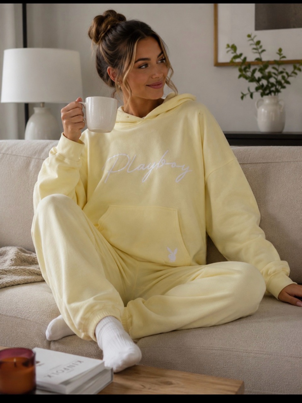 PLAYBOY Pale Yellow Hoodie & Jogger Set, large